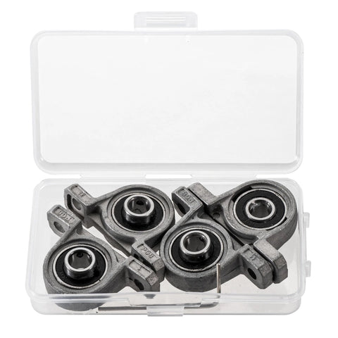 Set of four 8 mm bore ball-mounted pillow block insert bearings, metallic gray, in a clear plastic case.