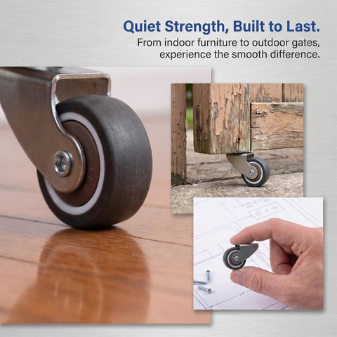 2 Pack Low Profile Anti Sag Caster Wheels Featuring Slick 360 Degree Swivel Action And Hassle Free Door Support Rollers For Smooth Furniture Gliding on wooden floors.