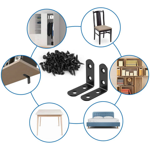 16 Piece Stainless Steel L Bracket Corner Brace Set With 64 Screws, 90 Degree Right Angle Supports, Black Finish, for furniture