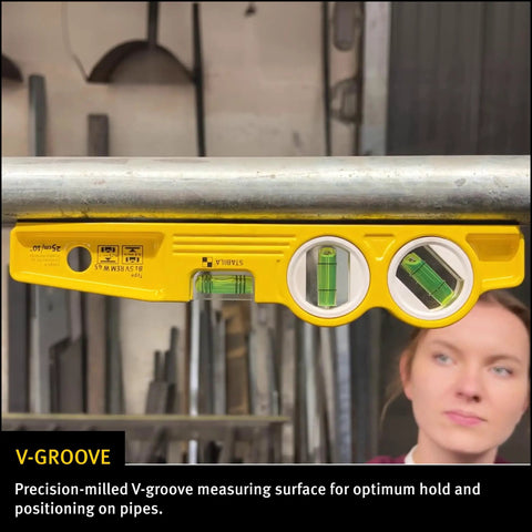 Die Cast Three Vial Torpedo Level With 1 Percent And 2 Percent Slope Rings, Vertical Plumb Vial, And 45 Degree Vial on pipe