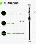Front view of Sharpro compression router bit, 1/4 in shank, 1/8 in cutting dia, 3/4 in cutting length, solid carbide.