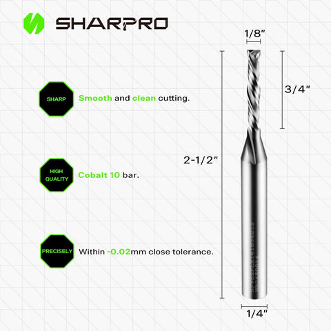 Front view of Sharpro compression router bit, 1/4 in shank, 1/8 in cutting dia, 3/4 in cutting length, solid carbide.