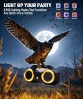 Owl flying over a field at night with a 80W Peak Bluetooth Speaker With Bass Boost, Loud As Hell, 20 Hours Of Playtime, IPX7 Waterproof, RGB Lights against moon.