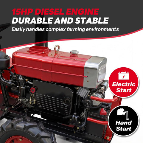 15HP Mini Tractor With Dual Electric And Manual Start For All Weather Reliability showcasing diesel engine close-up