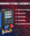 Pro Grade Digital HVAC Manifold Gauge Kit With 113 Refrigerants Database Dual Pressure And Temperature Display Fast Selection For Quick Diagnosis Supports R454B R410A R32 R134A R1234yf R22 And More Ideal For Techs And DIY Pros. black handheld gauge with clamps