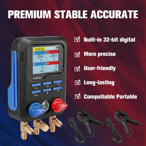 Pro Grade Digital HVAC Manifold Gauge Kit With 113 Refrigerants Database Dual Pressure And Temperature Display Fast Selection For Quick Diagnosis Supports R454B R410A R32 R134A R1234yf R22 And More Ideal For Techs And DIY Pros. black handheld gauge with clamps