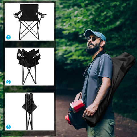 Foldable Camping Chairs For Adults, Set Of 2, black chair unfolded and packed in bag, shown with man on hiking trail