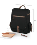 Premium Three Bottle Insulated Wine Carrier Featuring Engraved Cheese Board Precision Knife And Reliable Corkscrew Built For Quick Getaways Or Chilled Backyard Kickbacks In Sophisticated Matte Black with measurements.