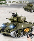 1 To 18 Scale RC M4A3 Sherman Tank With Alloy Tracks, BB Firing Action, Smoke, Lights And Dope Sound, Realistic Military Army Toy For Adults And Kids, 2 Rechargeable Batteries, 2.4G Remote US Version displayed with glowing lights and remote control.