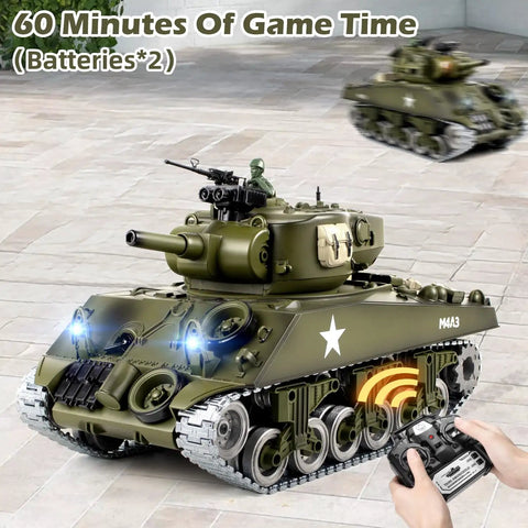 1 To 18 Scale RC M4A3 Sherman Tank With Alloy Tracks, BB Firing Action, Smoke, Lights And Dope Sound, Realistic Military Army Toy For Adults And Kids, 2 Rechargeable Batteries, 2.4G Remote US Version displayed with glowing lights and remote control.