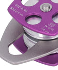 Close-up of Beefy Outdoor Climbing Rescue Pulley With Swing Plate, 32KN Capacity, showing aluminum magnesium alloy construction.