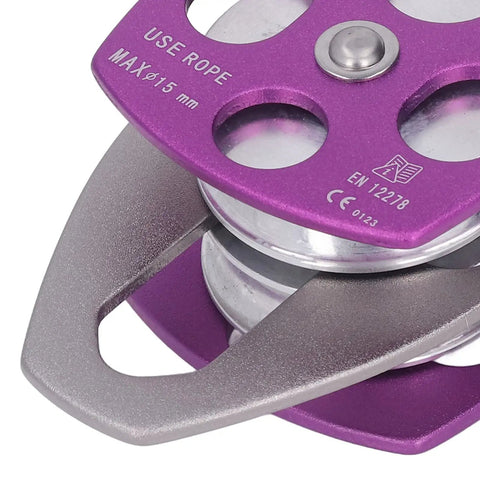 Close-up of Beefy Outdoor Climbing Rescue Pulley With Swing Plate, 32KN Capacity, showing aluminum magnesium alloy construction.