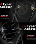 Diagram showing U and L type adapters for Beefy Heavy Duty Universal Motorcycle Stands With Front And Rear Wheel Lift 882 lb capacity.