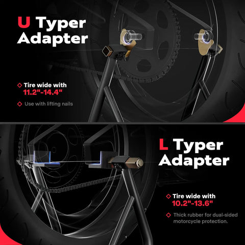 Diagram showing U and L type adapters for Beefy Heavy Duty Universal Motorcycle Stands With Front And Rear Wheel Lift 882 lb capacity.