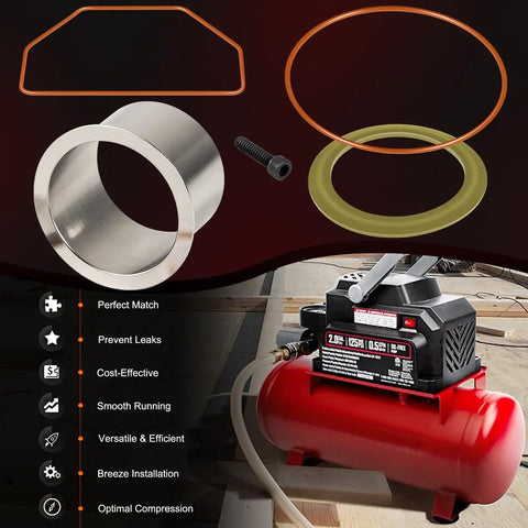 Heavy Duty Air Compressor Cylinder Sleeve And Compression Ring Replacement Kit, fits most major brands, in a workshop setup.