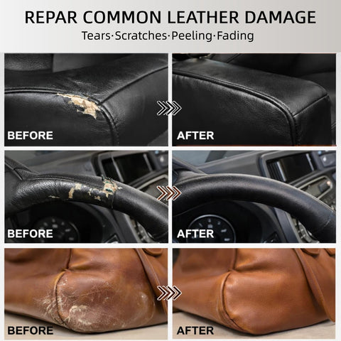 Before and after using Leather Recoloring Balm 3.53 Oz Quick Dry Repair Cream For Furniture Couches And Car Seats Instant Color Refresh No More Scratches Or Fades Waterproof Restorer Black Leather Durable Flexible Finish That Stays Put on scratched black leather and brown leather furniture.