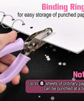 Two Pack Handheld Hole Punch Set With 1/8 Inch And 1/4 Inch Holes Includes 10 Binder Rings Heavy Duty Metal Punches For Crafts Tags Tickets And Paper Projects in use with purple handle example