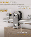 Close-up of Heavy Duty Stainless Steel Top Mount Sliding Black Barn Door Hardware Kit, focusing on ultra-quiet smooth roller mechanism with rails.