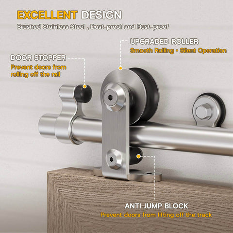 Close-up of Heavy Duty Stainless Steel Top Mount Sliding Black Barn Door Hardware Kit, focusing on ultra-quiet smooth roller mechanism with rails.