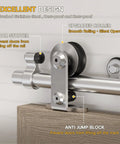 Close-up of Heavy Duty Stainless Steel Top Mount Sliding Barn Door Hardware Kit with ball-bearing rollers, track and door stopper.