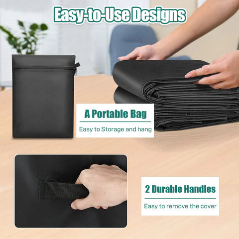 Large Patio Furniture Cover Waterproof Outdoor Table Sofa Dining Set Cover With Beefed Up Heavy Duty 600D Oxford Fabric Four Windproof Buckles Fits 138 By 102 By 35 Inches, showing folded cover, portable bag, and durable handle.