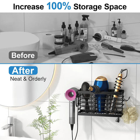 Before and after use of Three In One Hair Tool Organizer And Universal Hair Dryer Holder Upgraded 2026 in a bathroom setting