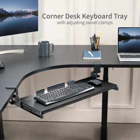 Rock Solid Slide Out Keyboard Tray For Corner Desk Effortless Gliding Computer Drawer With Swivel Clamps Black mounted on L-shaped desk.