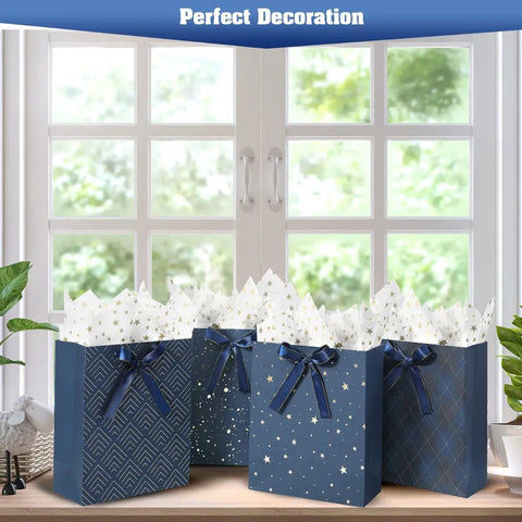 Four Pack 9 Inch Gift Bags In Premium Blue With Tissue Paper Medium Size 7x4x9 Inches Great For Birthdays Baby Showers