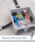 Electrical box with Dope 160 Piece Black Silicone Hole Plugs Set In Nine Sizes With T Shape Locking For Round Holes.