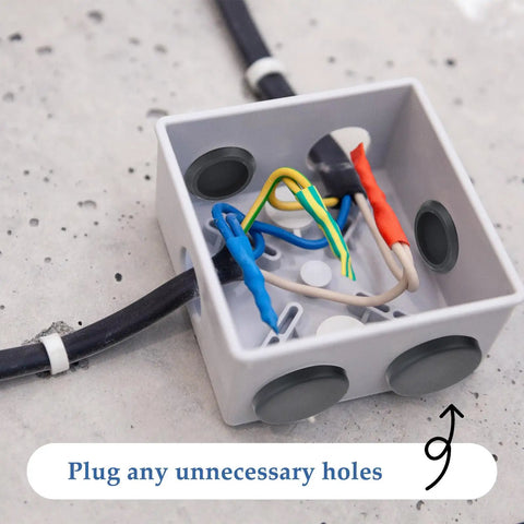 Electrical box with Dope 160 Piece Black Silicone Hole Plugs Set In Nine Sizes With T Shape Locking For Round Holes.