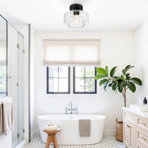 Industrial Semi Flush Mount Ceiling Light With Seeded Glass Shade installed in a bright bathroom setting
