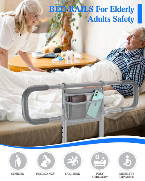 Rock Solid Extended Bed Rail For Seniors Safe Guard Bar With Storage Bag Adjustable Side Rail For King Queen Full Twin Beds Heavy Duty Steel Frame Supports Up To 350 Lbs With Anti Slip Cushions