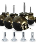 Heavy Duty Two Inch Brass Ball Casters With Locking Brakes, Smooth Rolling TPR Rubber Wheels For Antique Furniture And Office Chairs, Rock Solid Set Of Four, Crushes Four Hundred Fifty Lb Loads - close-up view of four bronze casters with rubber wheels.