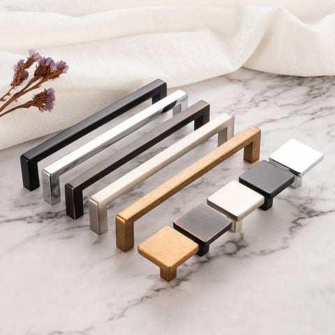Assorted square bar cabinet pull handles on marble countertop, including Oil Rubbed Bronze 10 Inch Square Bar Cabinet Pull Handle With 10 Inch Hole Centers Zinc Alloy Smooth Curved Back For Drawer Dresser Vanity Cupboard Bedroom Includes 1 Inch And 1-1/2 Inch Screws