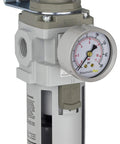 Front view of PneumaticPlus SAW400-N04BG air filter regulator piggyback, 1/2 in NPT, gray body, poly bowl, gauge.