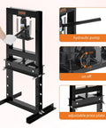 Tough As Nails Six Ton H Frame Hydraulic Shop Press Heavy Duty Steel Workhorse with hydraulic pump and adjustable press plate.