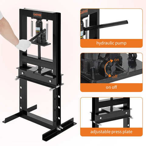Tough As Nails Six Ton H Frame Hydraulic Shop Press Heavy Duty Steel Workhorse with hydraulic pump and adjustable press plate.