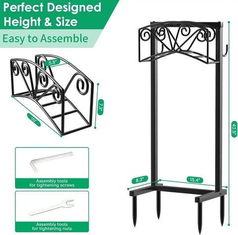 Heavy Duty Garden Hose Holder With 4 Ground Spikes, Upgraded Metal Hose Reel Stand dimensions and assembly tools shown
