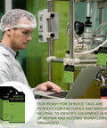 Ready For Service Tag Set 50 Pack 3x5 3/4 Inch Wire Grommet Repair Tags For Equipment Black And Green Color Code Tags For Production Status Required Examination And Maintenance In The Shop Cardstock on machinery
