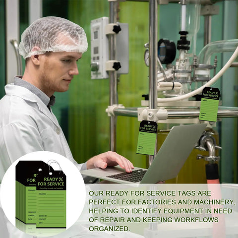 Ready For Service Tag Set 50 Pack 3x5 3/4 Inch Wire Grommet Repair Tags For Equipment Black And Green Color Code Tags For Production Status Required Examination And Maintenance In The Shop Cardstock on machinery