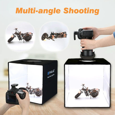 12X12 Photo Studio Light Box With 120 Led Beads, High Cri Ring Light Board, Foldable Pop Up Photo Booth Kit For Crushing Product Shoots And Amping Up Content Vibes showing multi-angle shooting with a motorcycle model.