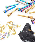 Rock Solid Titanium Disc Brake Bolts For Bikes With Heavy Duty Pvd Coated Threaded Plugs And Easy Grip Circlip For Fast Install and Bulletproof Wear Resistance On Any Trail Or City Ride, assorted colors and types.