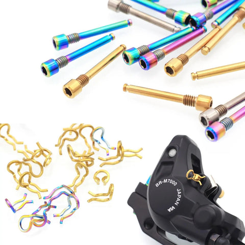 Rock Solid Titanium Disc Brake Bolts For Bikes With Heavy Duty Pvd Coated Threaded Plugs And Easy Grip Circlip For Fast Install and Bulletproof Wear Resistance On Any Trail Or City Ride, assorted colors and types.