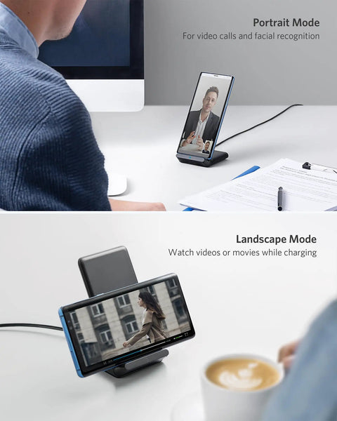 Wireless Charging Stand For Galaxy And iPhone Qi Certified 10W Fast Charging For Samsung Galaxy 7.5W For iPhone No AC Adapter Included Easy Desk Or Nightstand Setup used in portrait and landscape modes on a desk