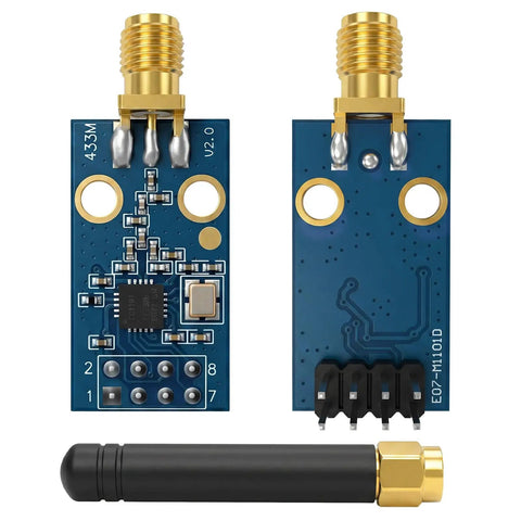 Super Cool 2-Pack CC1101 433MHz RF Modules With SMA Antennas showing printed circuit boards and SMA antennas.