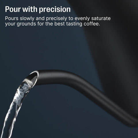 Close-up of pouring water from Gooseneck Pour Over Coffee Kettle With Precise Temperature Control Quick Heat Up Brew Timer.