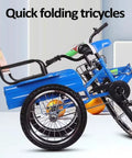 Foldable Three Wheel Tricycle With Rear Cabin, Cruiser Rickshaw Style, blue frame, showing reinforced front fork and back seat ride along.