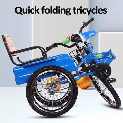Foldable Three Wheel Tricycle With Rear Cabin, Cruiser Rickshaw Style, blue frame, showing reinforced front fork and back seat ride along.