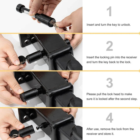 Step-by-step installation of Black Five Eighths Inch Hitch Pin Lock With Keys For Two Inch Receiver Anti Theft Trailer Hitch Pin Keyed Alike