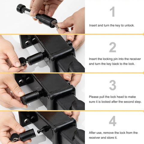 Step-by-step guide using Heavy Duty Anti Theft Trailer Hitch Lock Pin Five Eighth Inch Diameter Fits Two Inch Receivers Steel Construction